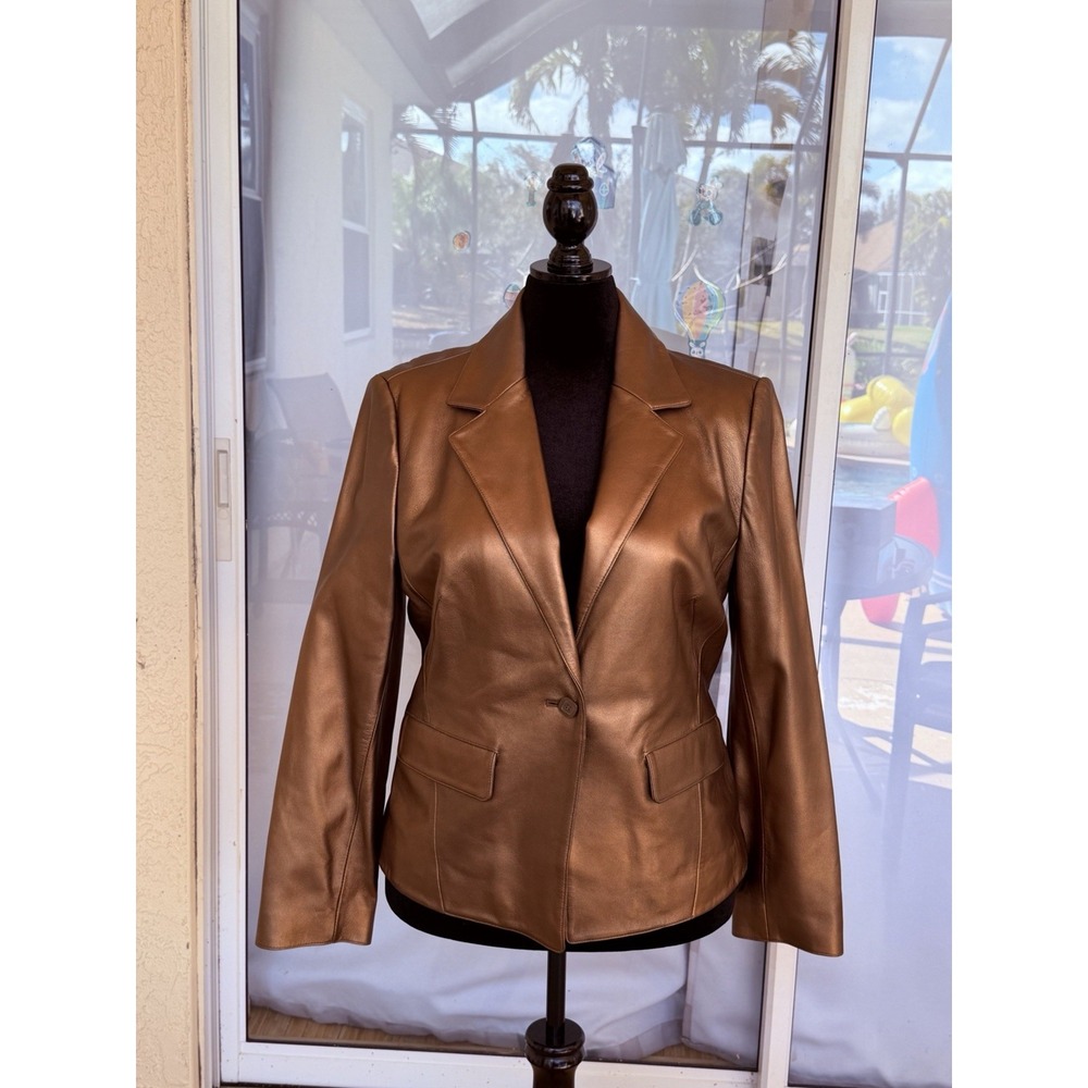 Tribal Brand Women's Leather Blazer Jacket Sz 12 Metallic Bronze